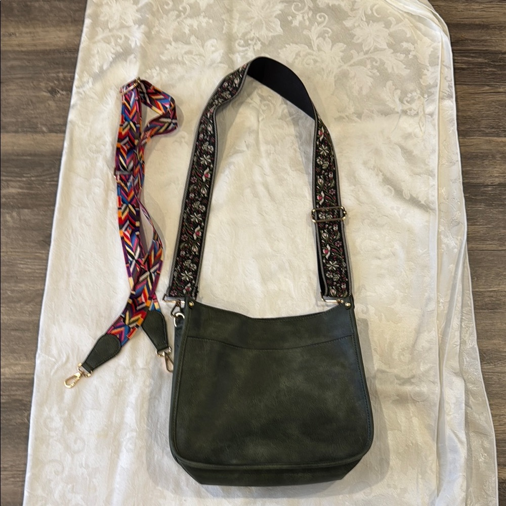 Green Crossbody Bag with Soft Suede Texture and Embroidered Strap